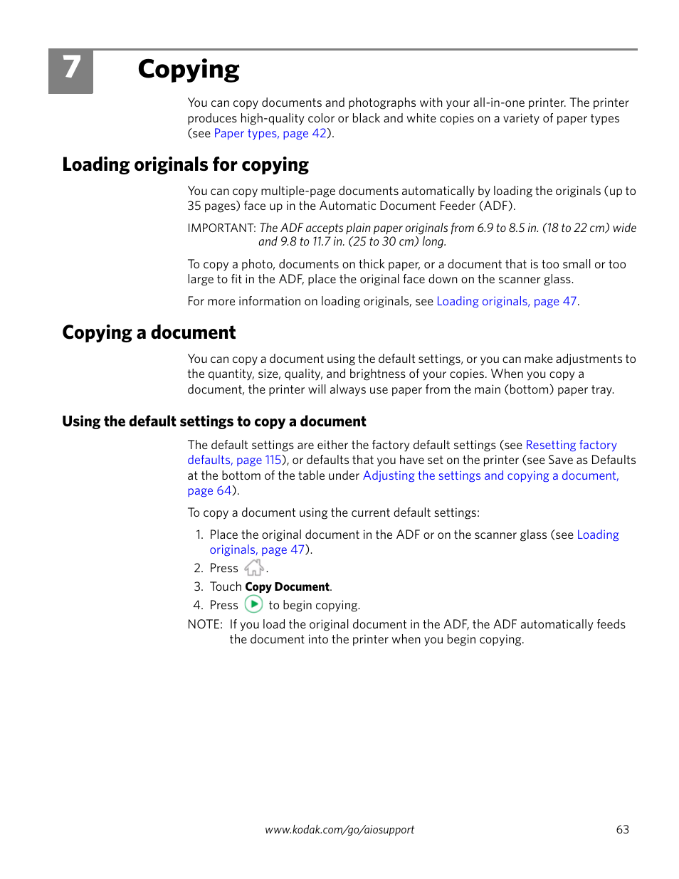 Copying, Loading originals for copying, Copying a document | Using the default settings to copy a document, 7 copying, Loading originals for copying copying a document | Kodak HERO 4.2 User Manual | Page 70 / 139