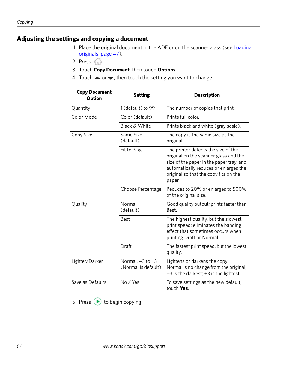 Adjusting the settings and copying a document | Kodak HERO 4.2 User Manual | Page 71 / 139