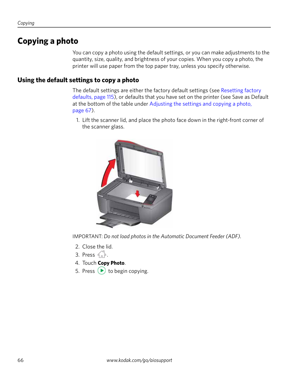 Copying a photo, Using the default settings to copy a photo | Kodak HERO 4.2 User Manual | Page 73 / 139