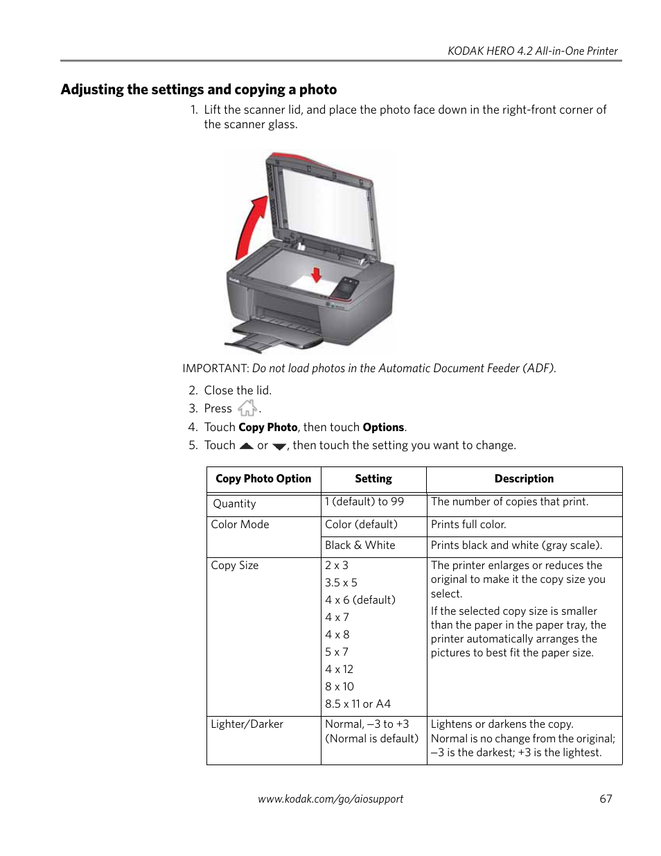 Adjusting the settings and copying a photo, Ble under | Kodak HERO 4.2 User Manual | Page 74 / 139