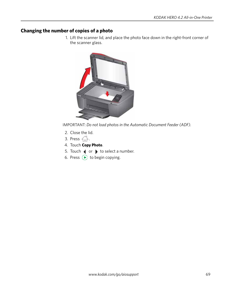 Changing the number of copies of a photo | Kodak HERO 4.2 User Manual | Page 76 / 139