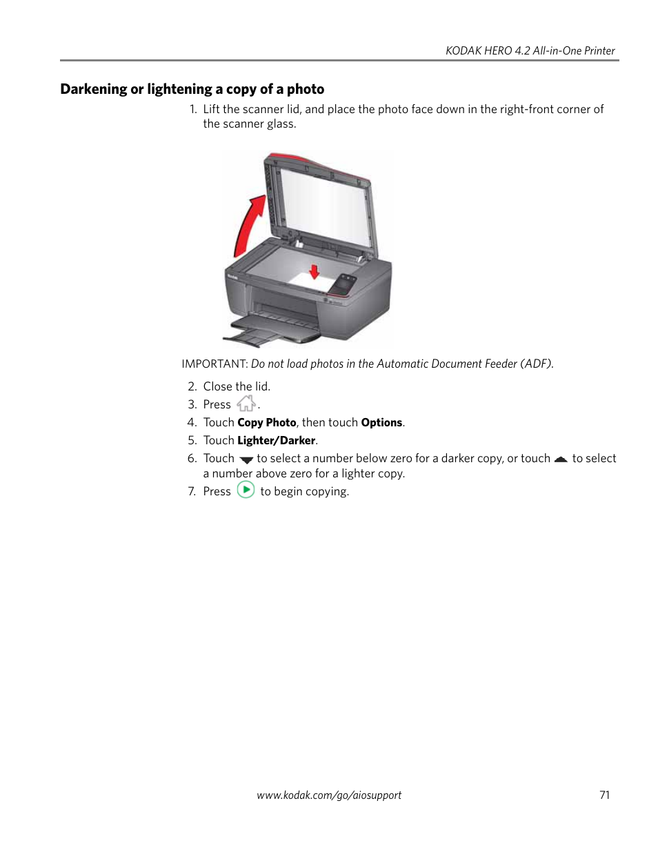 Darkening or lightening a copy of a photo | Kodak HERO 4.2 User Manual | Page 78 / 139