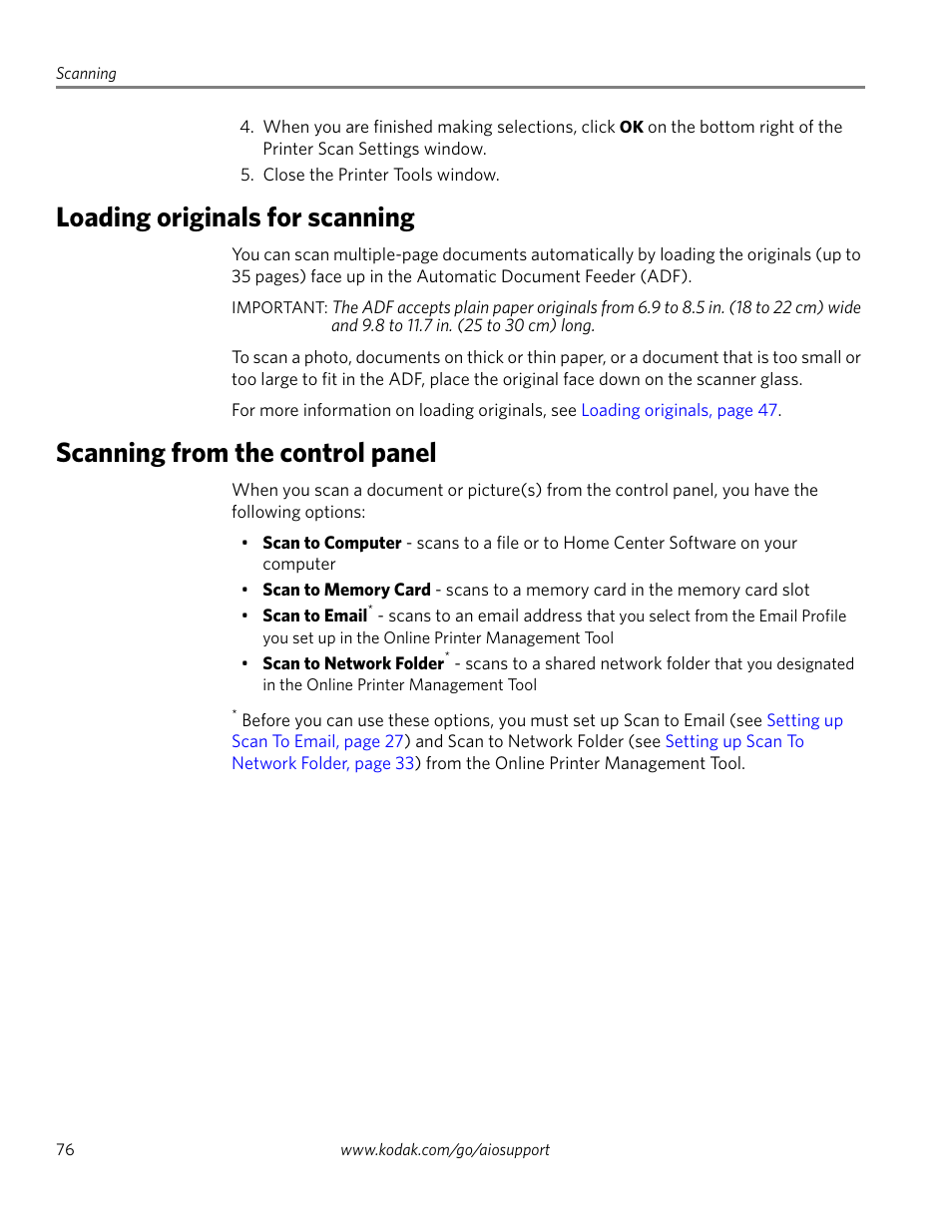 Loading originals for scanning, Scanning from the control panel, Scanning | Kodak HERO 4.2 User Manual | Page 83 / 139