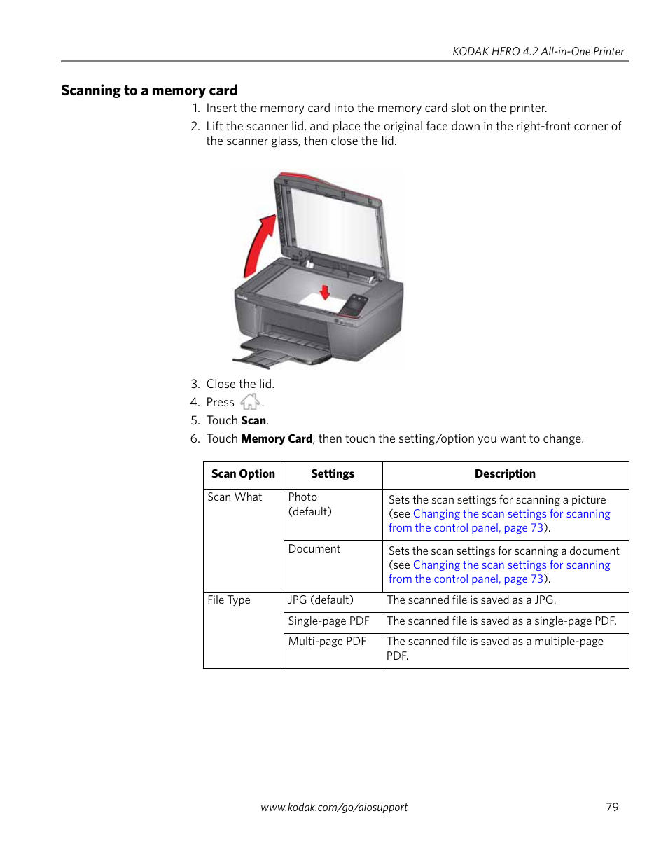 Scanning to a memory card | Kodak HERO 4.2 User Manual | Page 86 / 139