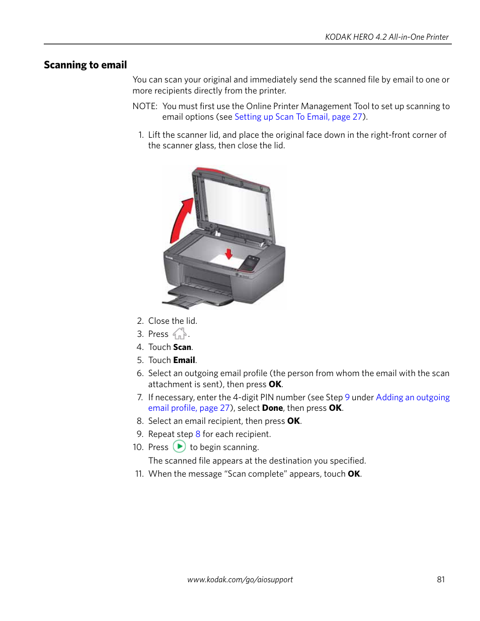 Scanning to email | Kodak HERO 4.2 User Manual | Page 88 / 139