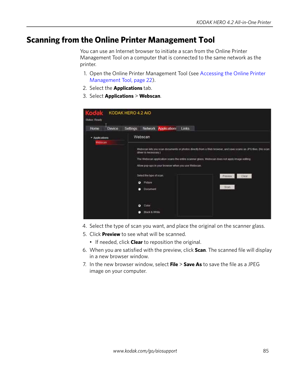 Scanning from the online printer management tool, Scanning | Kodak HERO 4.2 User Manual | Page 92 / 139