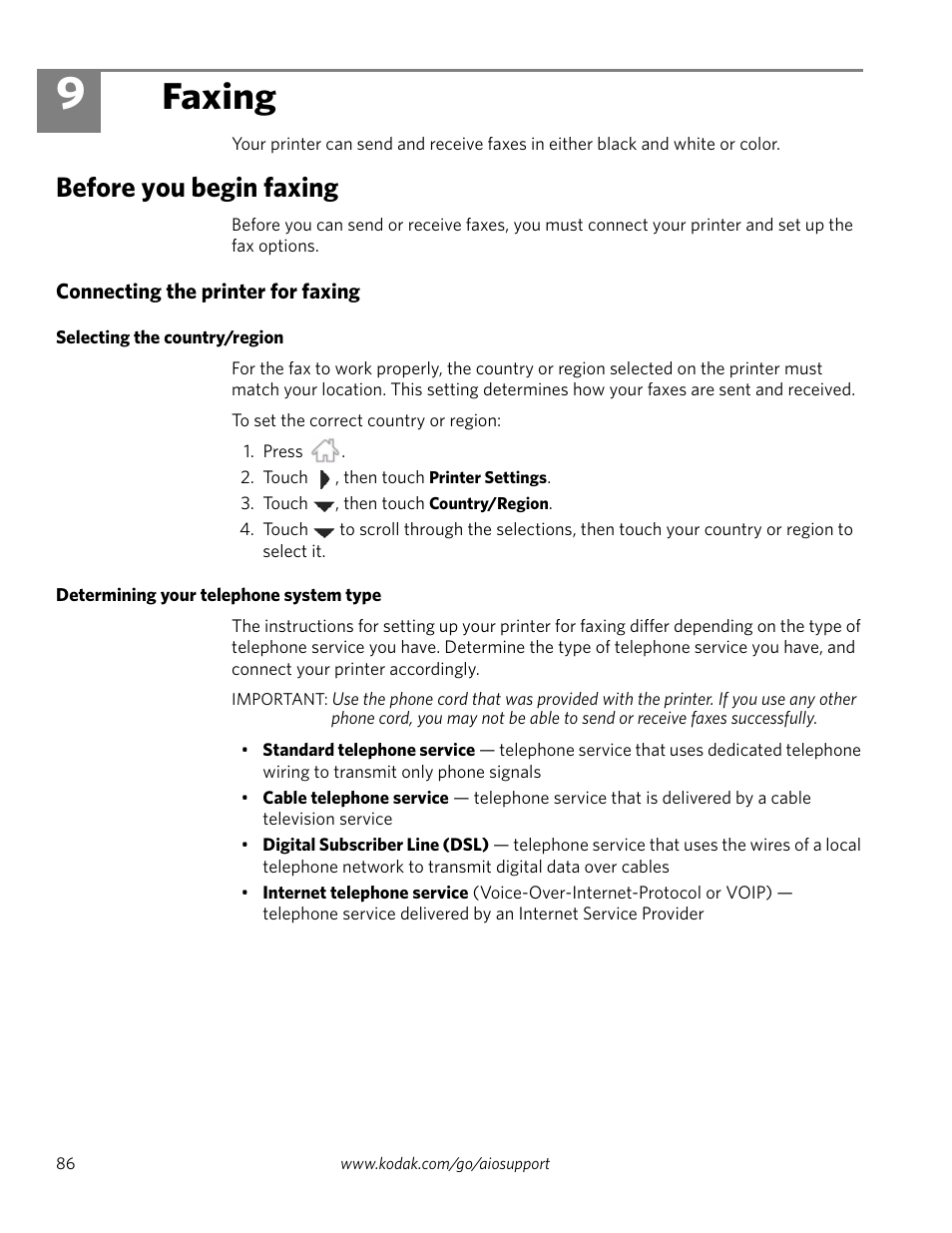 Faxing, Before you begin faxing, Connecting the printer for faxing | Selecting the country/region, Determining your telephone system type, 9 faxing | Kodak HERO 4.2 User Manual | Page 93 / 139