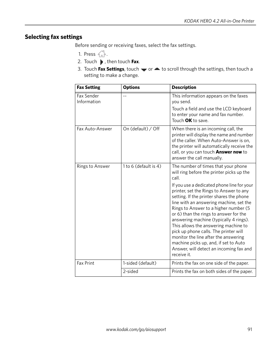 Selecting fax settings | Kodak HERO 4.2 User Manual | Page 98 / 139