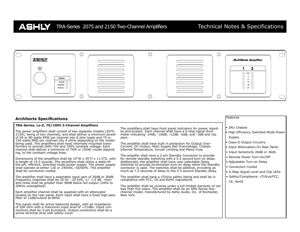 Ashly TRA-2075 User Manual | 2 pages