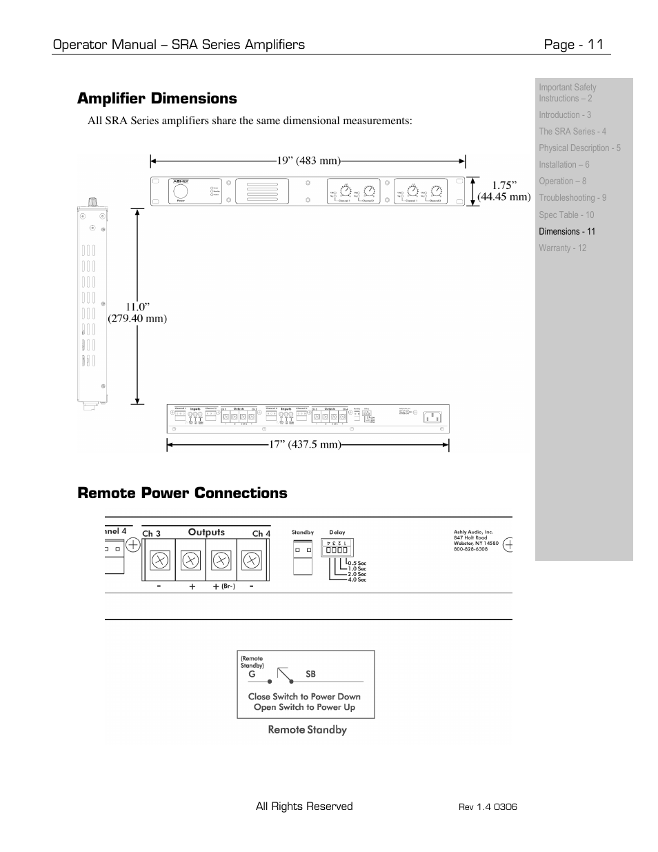 Amplifier dimensions, Remote power connections | Ashly SRA-Series User Manual | Page 11 / 12