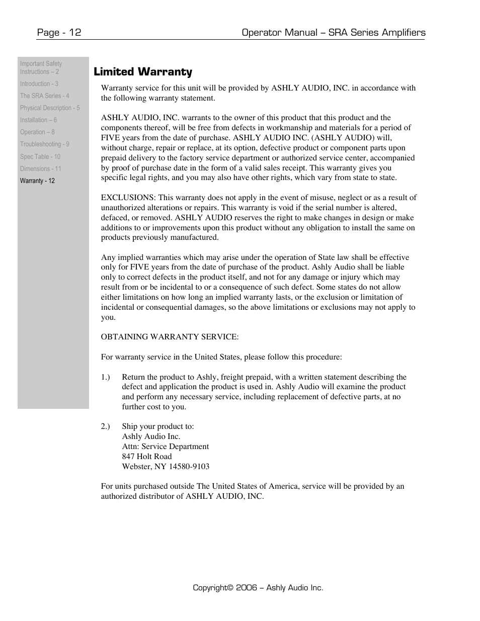Limited warranty | Ashly SRA-Series User Manual | Page 12 / 12