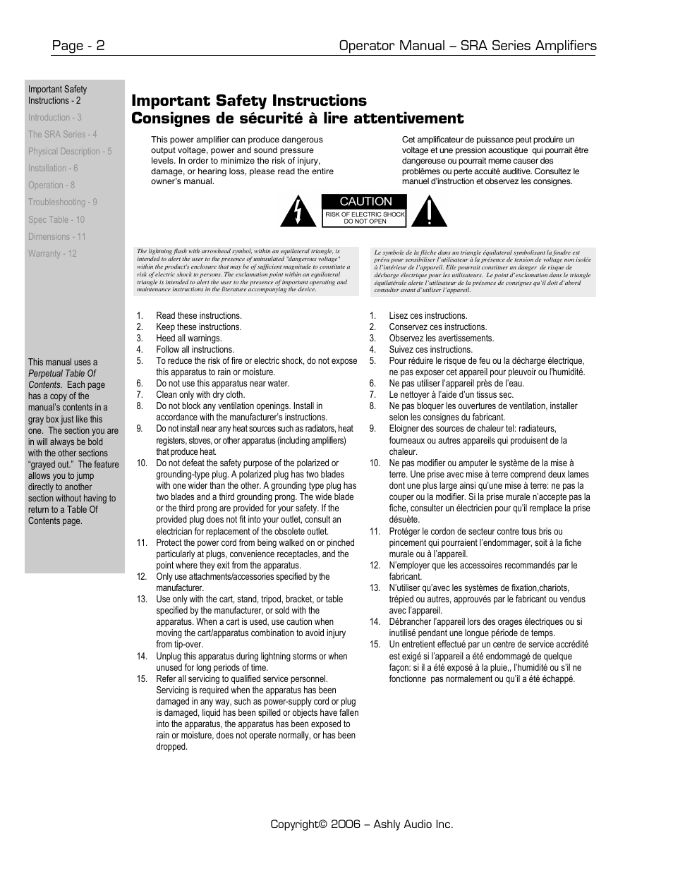 Page - 2 operator manual – sra series amplifiers | Ashly SRA-Series User Manual | Page 2 / 12