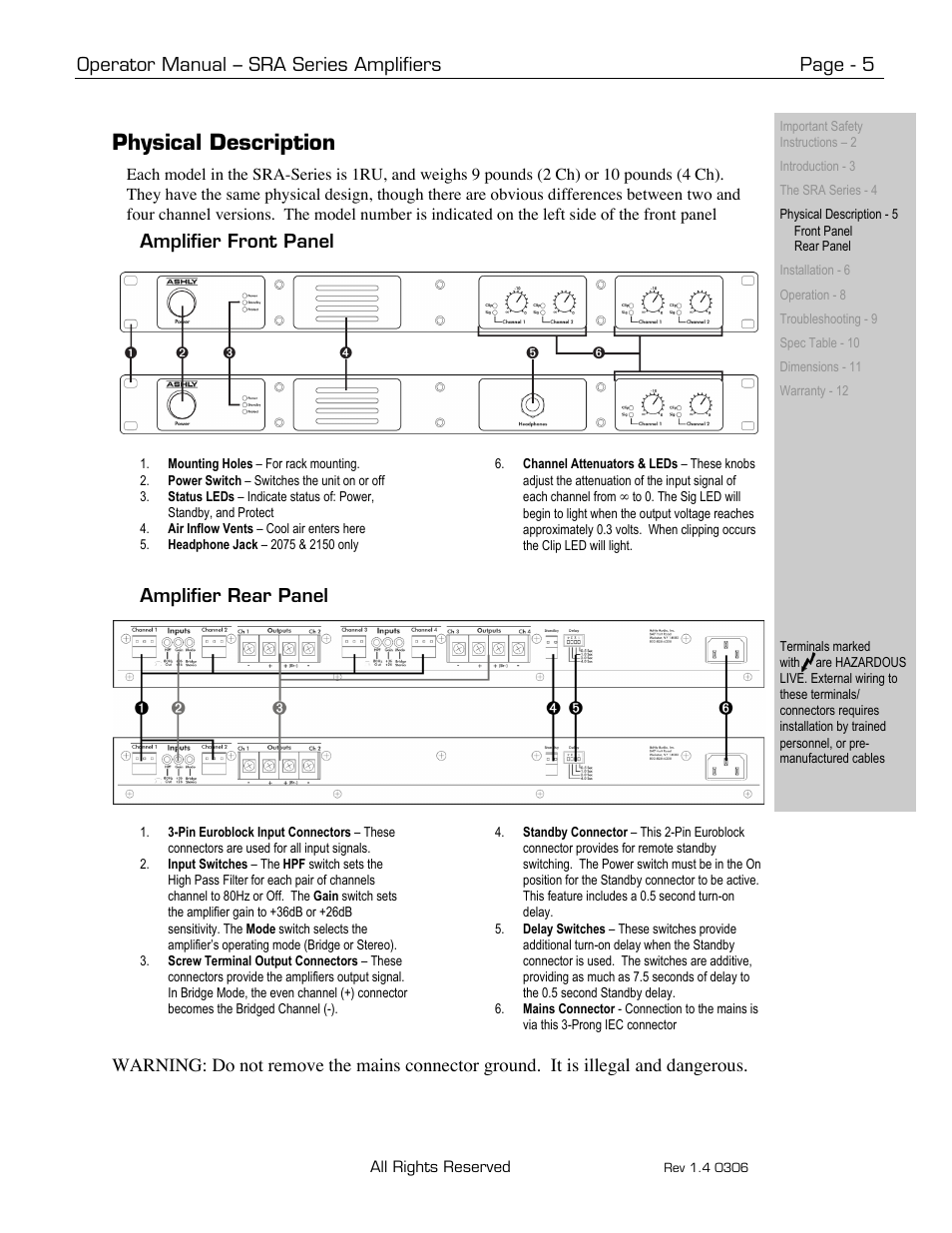 Physical description, Operator manual – sra series amplifiers page - 5, Amplifier front panel | Amplifier rear panel | Ashly SRA-Series User Manual | Page 5 / 12