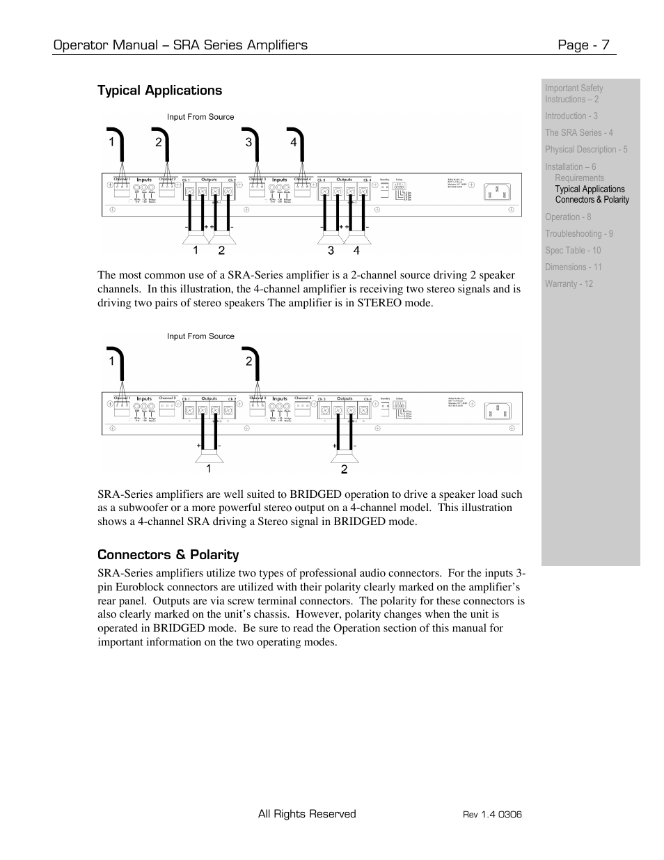 Operator manual – sra series amplifiers page - 7, Typical applications, Connectors & polarity | Ashly SRA-Series User Manual | Page 7 / 12