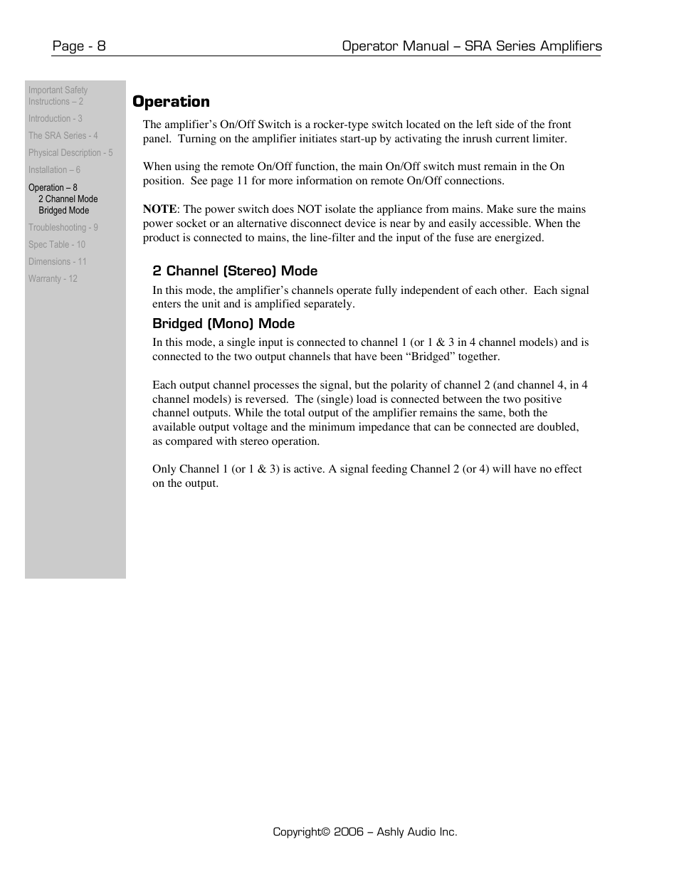 Operation | Ashly SRA-Series User Manual | Page 8 / 12