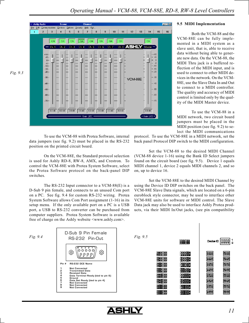 D-sub 9 pin female rs-232 pin-out, Fig. 9.3 | Ashly VCM-88 User Manual | Page 11 / 20