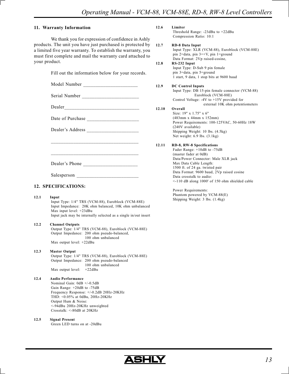 Ashly VCM-88 User Manual | Page 13 / 20