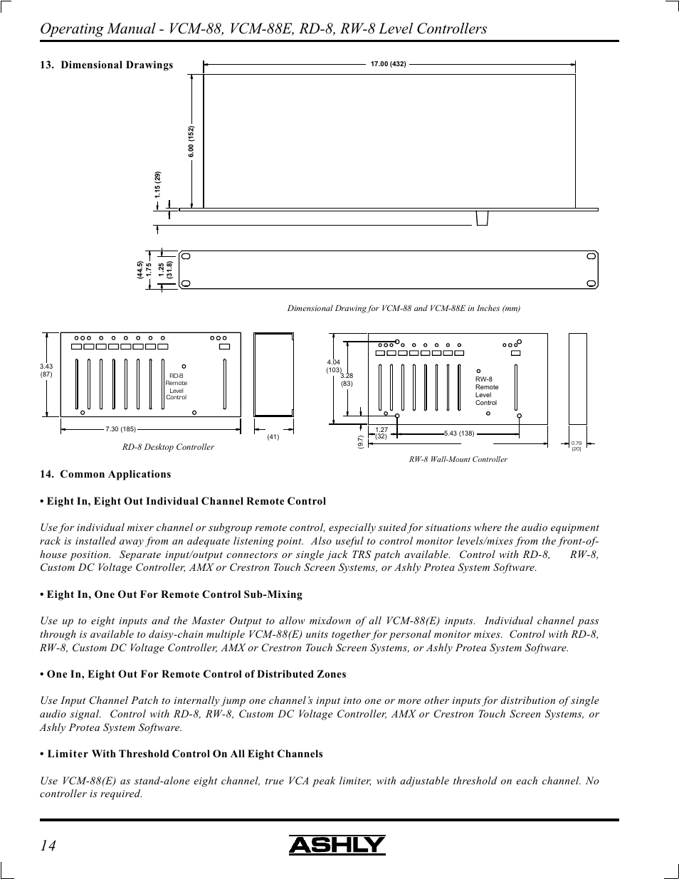 Dimensional drawings | Ashly VCM-88 User Manual | Page 14 / 20