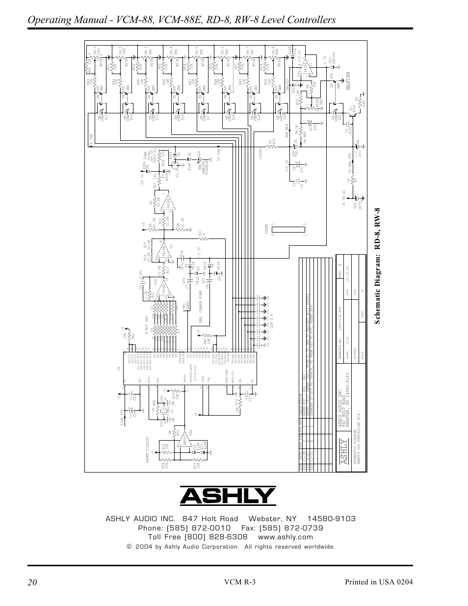 Ashly, Vcm r-3, Printed in usa 0204 | Schematic diagram: rd-8, r w-8, Master | Ashly VCM-88 User Manual | Page 20 / 20