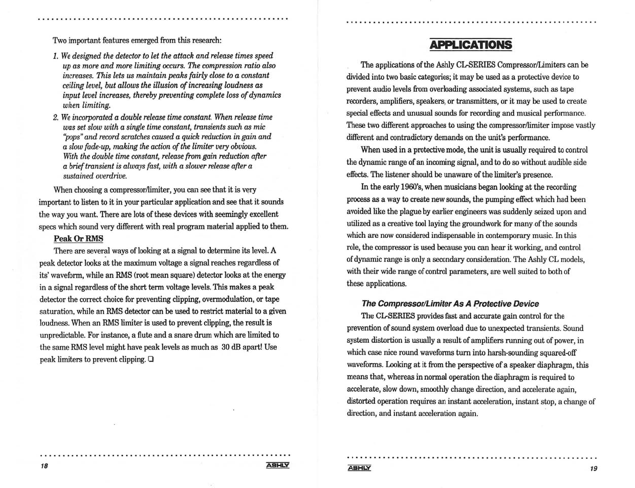 Applicatiohs, The compressor/limiter as a protective device | Ashly LIMITER/COMPRESSORS CL-100 User Manual | Page 11 / 18