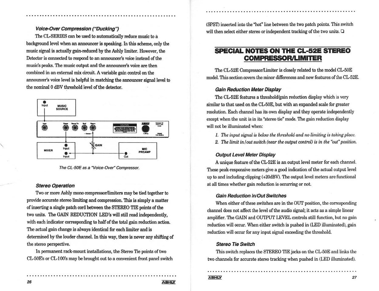 Voice-over compression ("ducking"), Stereo operation, Gain reduction meter dispiay | Output level meter display, Gain reduction in/out switches, Stereo tie switch | Ashly LIMITER/COMPRESSORS CL-100 User Manual | Page 15 / 18