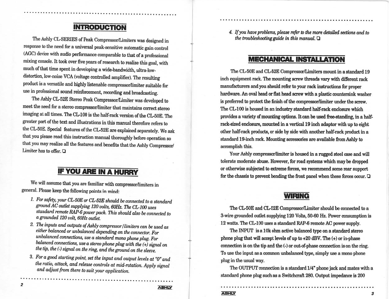 Imtboduction, If you are in a hurry, Wiring | Mechanical | Ashly LIMITER/COMPRESSORS CL-100 User Manual | Page 3 / 18