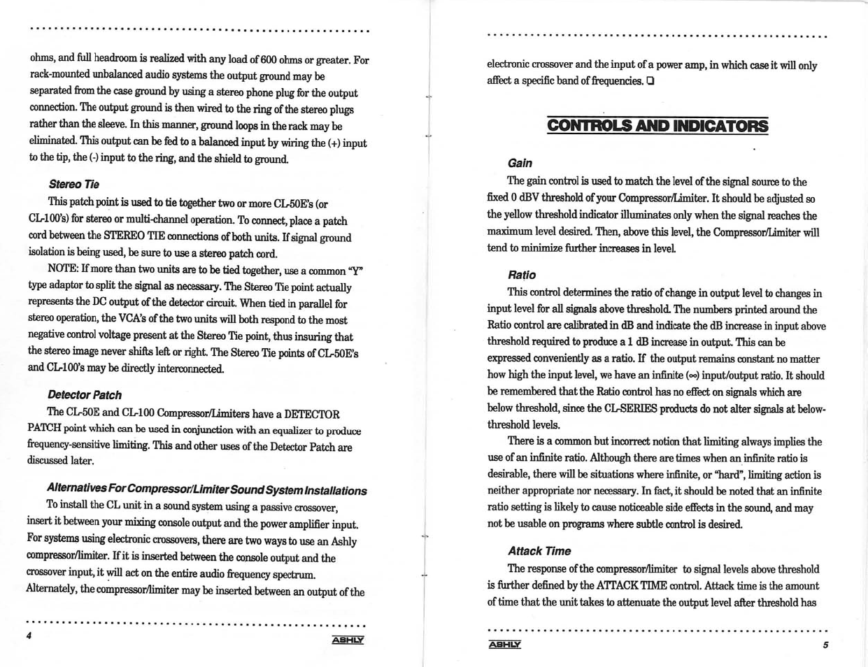 Stereo tie, Detector patch, Comtrols and indicators | Gain, Ratio, Attack time | Ashly LIMITER/COMPRESSORS CL-100 User Manual | Page 4 / 18