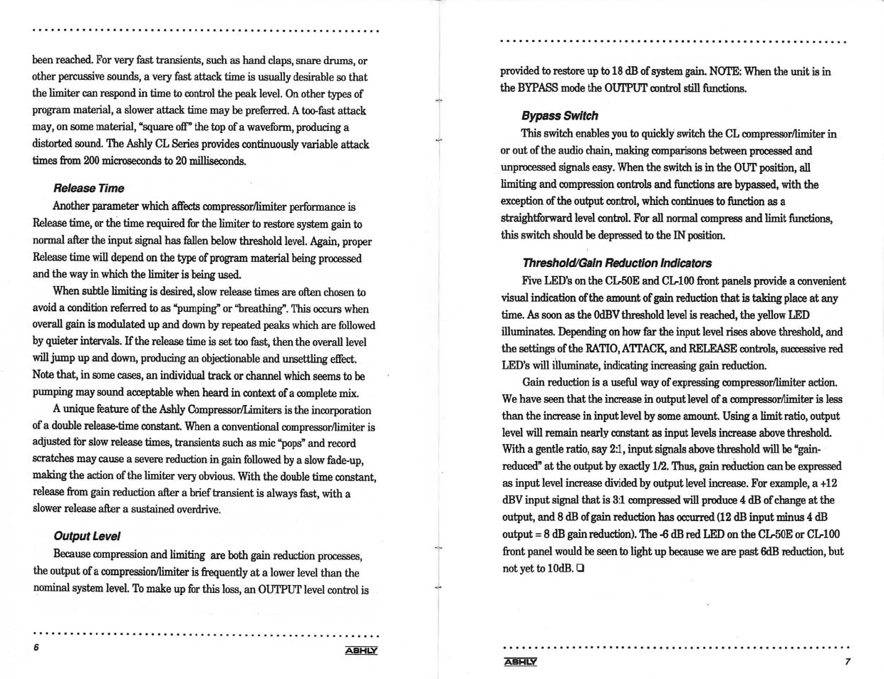 Release time, Output leve, Bypass switch | Threshoid/gain reduction indicators | Ashly LIMITER/COMPRESSORS CL-100 User Manual | Page 5 / 18