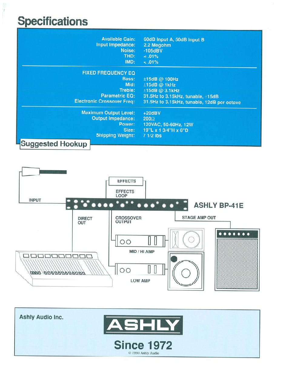 Specifications, Ashly bp-41 e, Ashly | Since 1972, I(o), Suggested hookup | Ashly BP-41E User Manual | Page 2 / 2