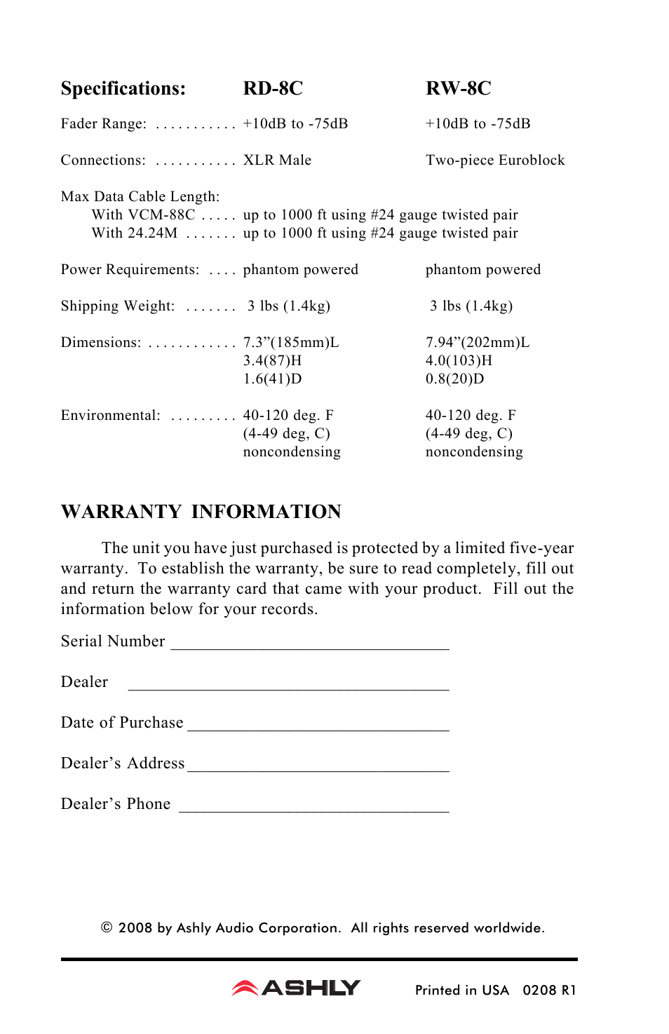 Specifications: rd-8c rw-8c, Warranty information | Ashly RD-8C User Manual | Page 4 / 4