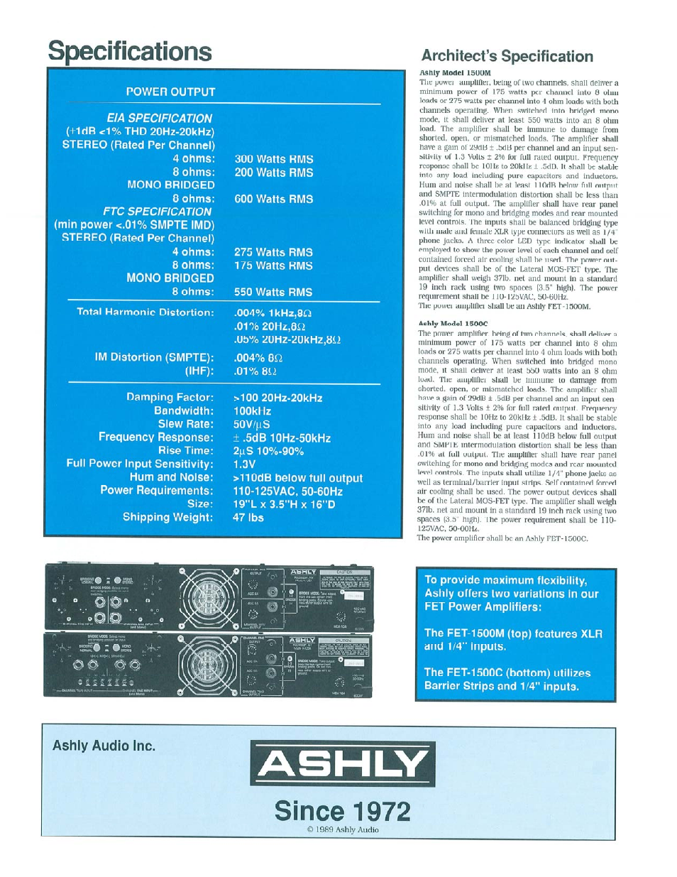 The fet-1500m (top) features xlr and 1/4" inputs, Ashl-y, Specifications | Since 1972, Architect’s specification, Ashly audio inc | Ashly FET-1500C User Manual | Page 2 / 2