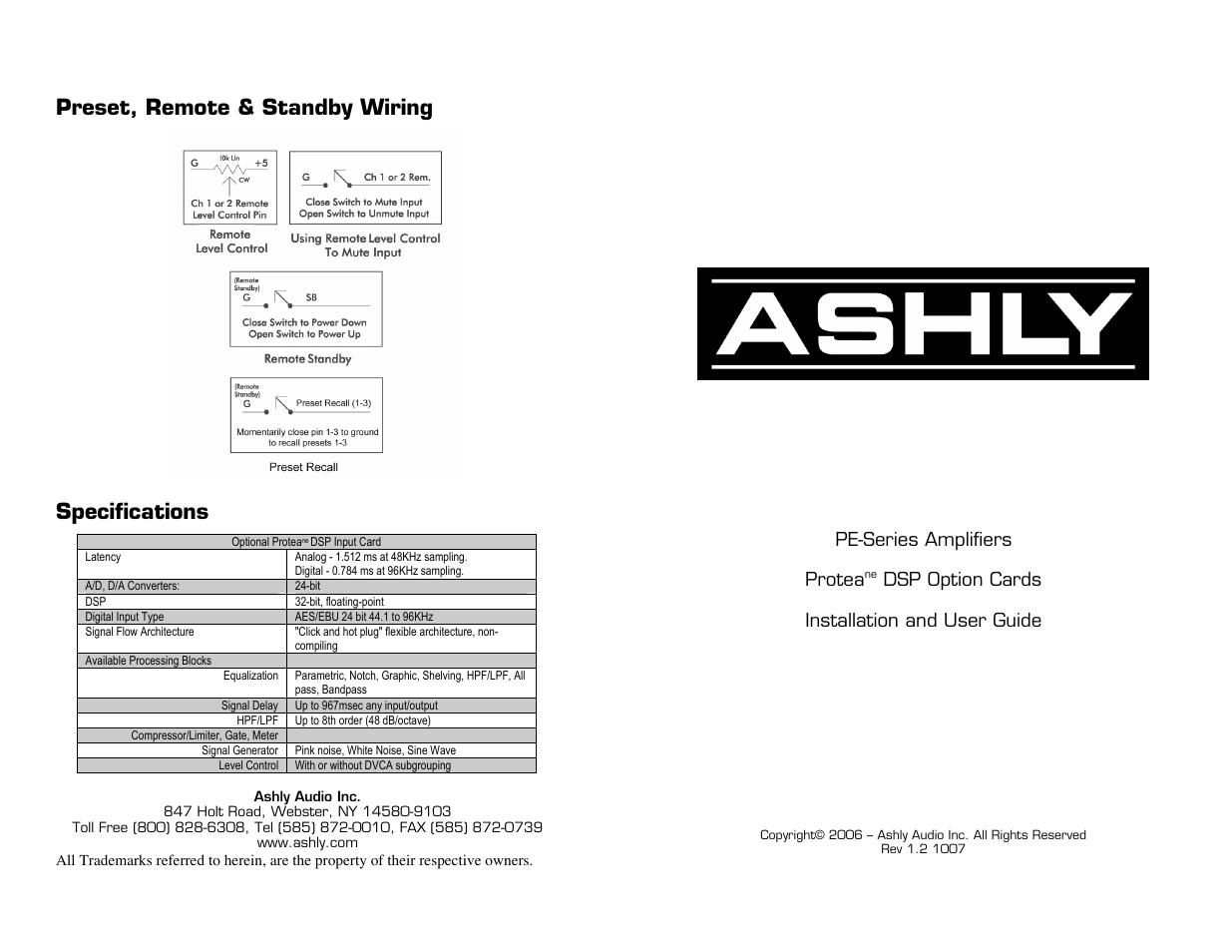 Ashly Protea DSP Option Card DSP1 User Manual | 2 pages