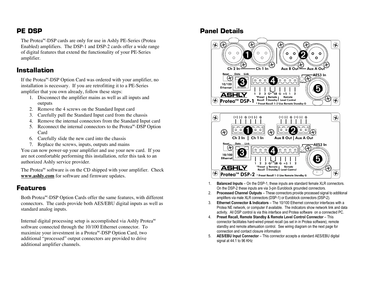 Pe dsp, Installation, Features | Panel details | Ashly Protea DSP Option Card DSP1 User Manual | Page 2 / 2