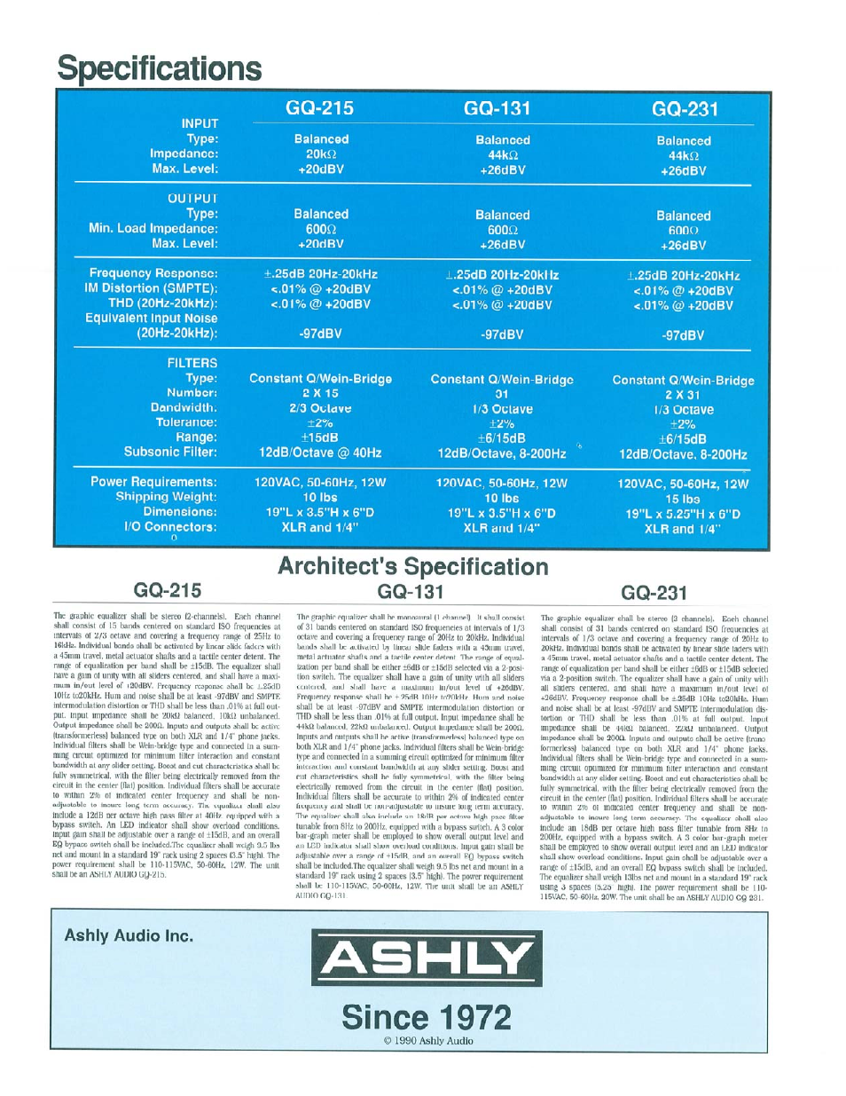 Gq-215, Gq-131, Gq-231 | Architect's specification, Specifications, Since 1972, Ashly audio inc, 60oa | Ashly Graphic Equalizers GQ-231 User Manual | Page 2 / 2