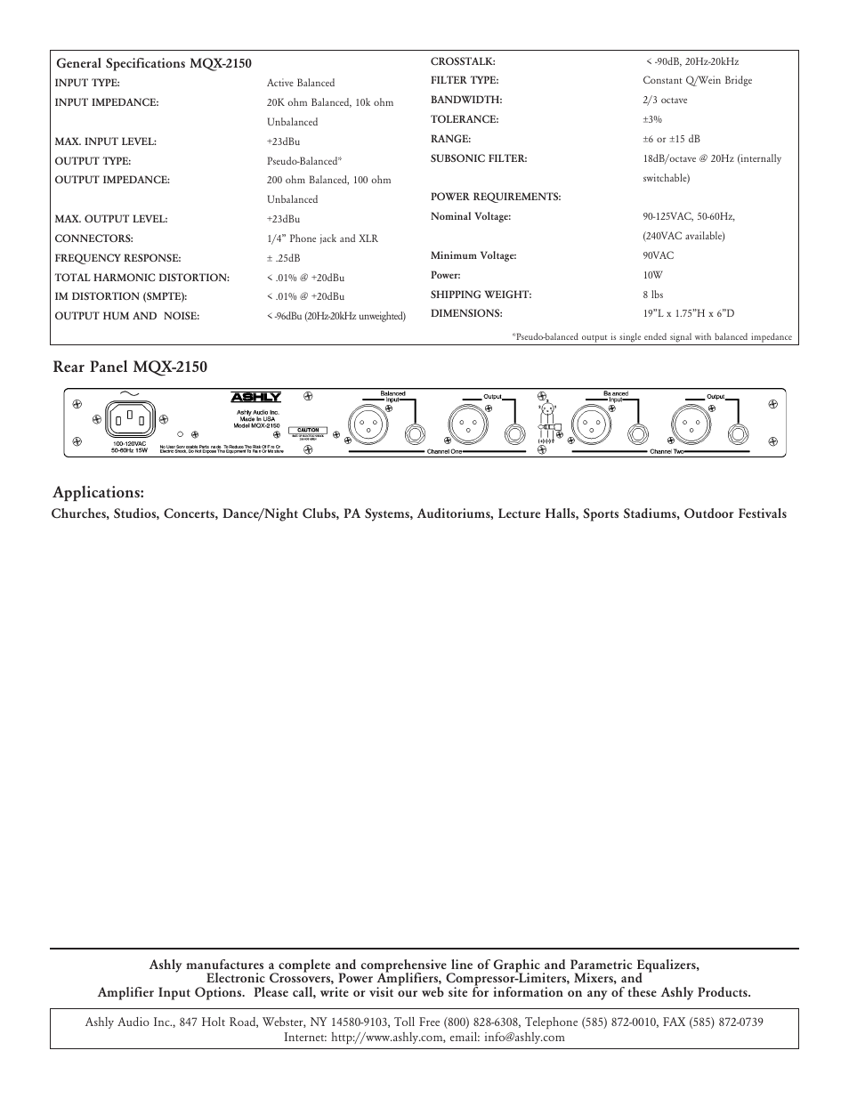 Applications, Rear panel mqx-2150 | Ashly MQX-2150 User Manual | Page 2 / 2