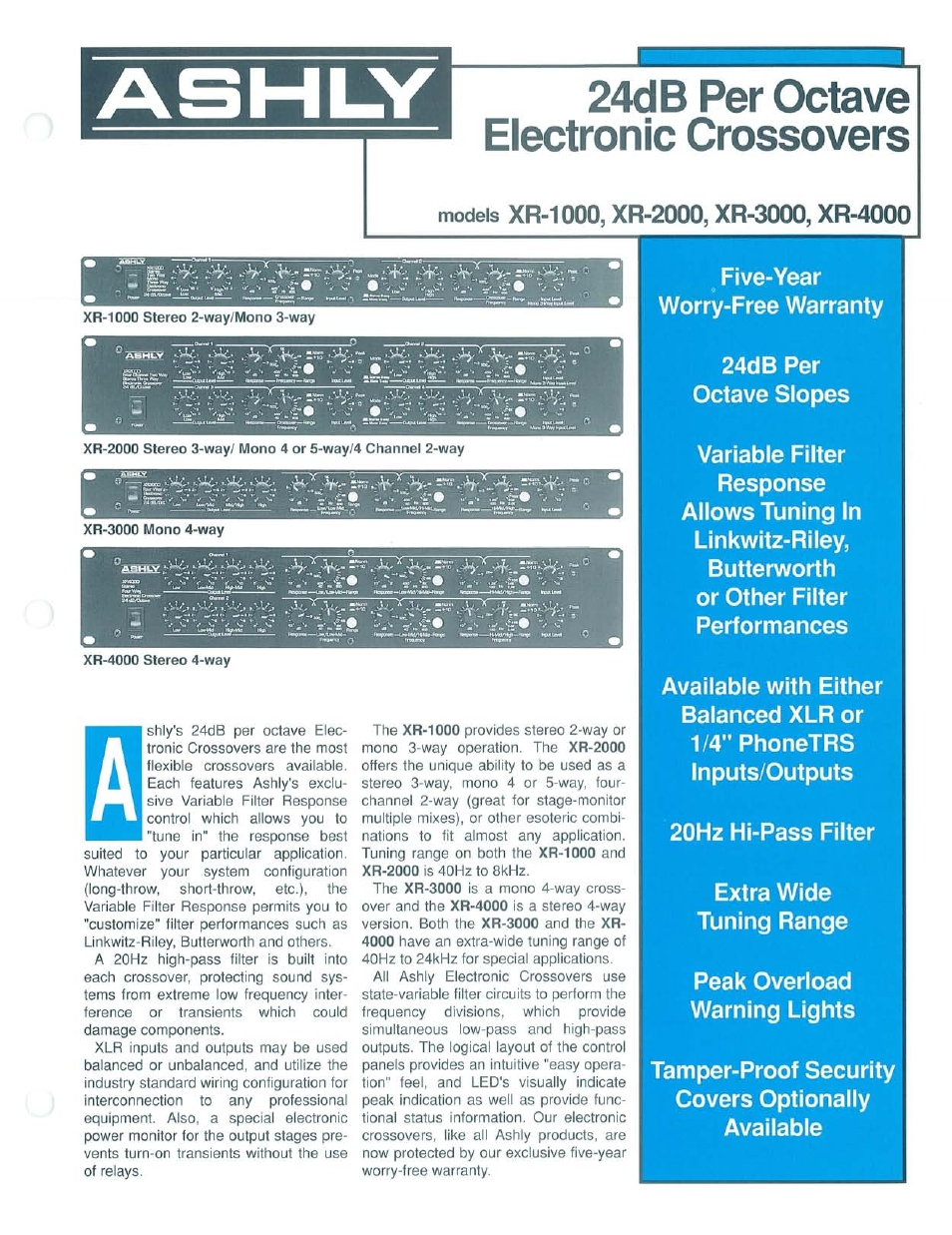 Ashly 24db Per Octave Electronic Crossover XR-2000 User Manual | 2 pages