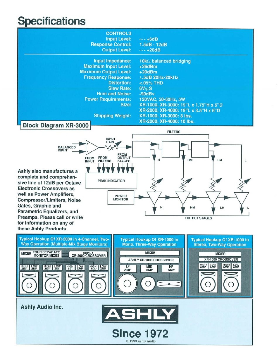 Block diagram xr-3000, Ashly audio inc, R ir ir r | Specifications, Since 1972 | Ashly 24db Per Octave Electronic Crossover XR-2000 User Manual | Page 2 / 2