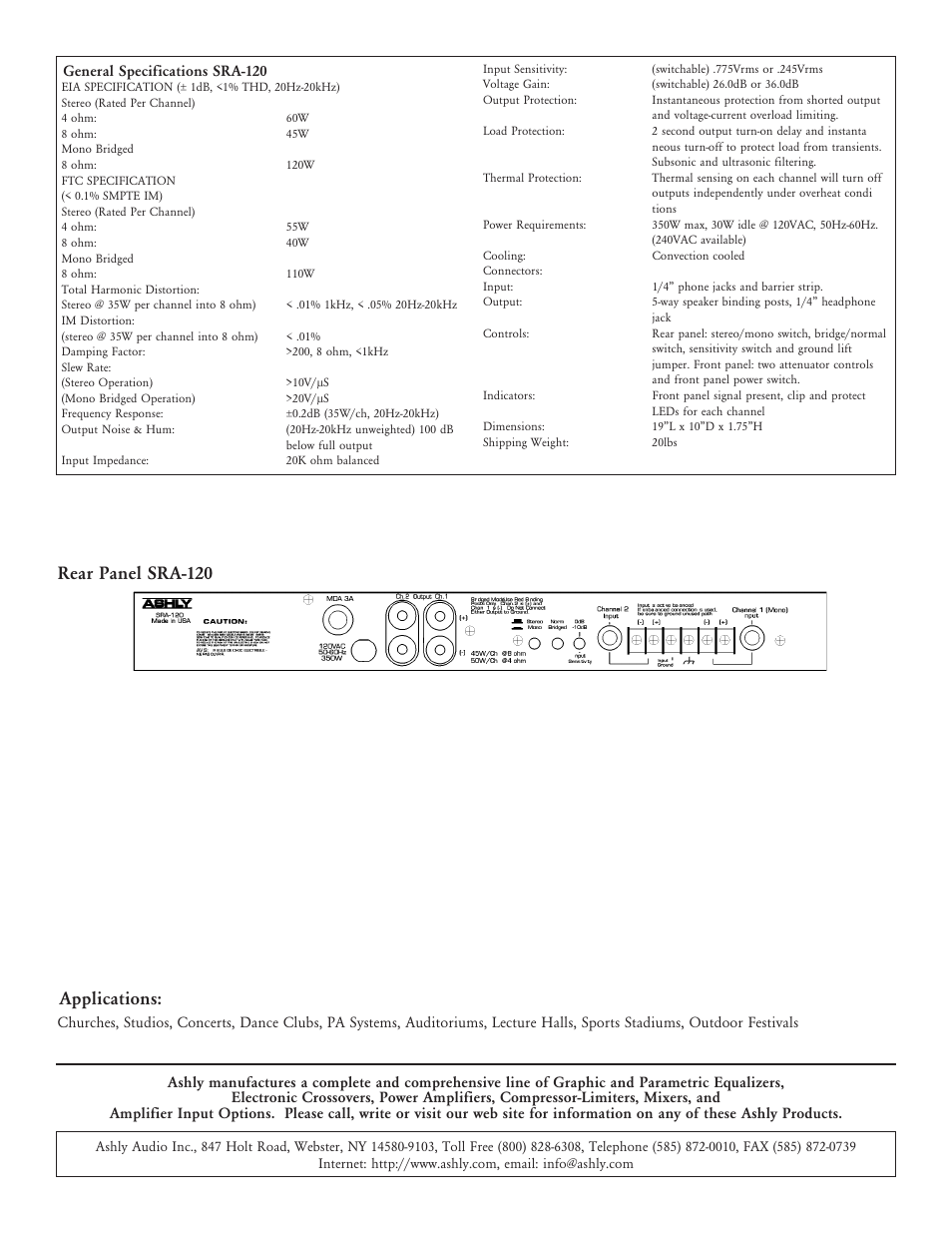 Applications, Rear panel sra-120 | Ashly SRA SRA-120 User Manual | Page 2 / 2