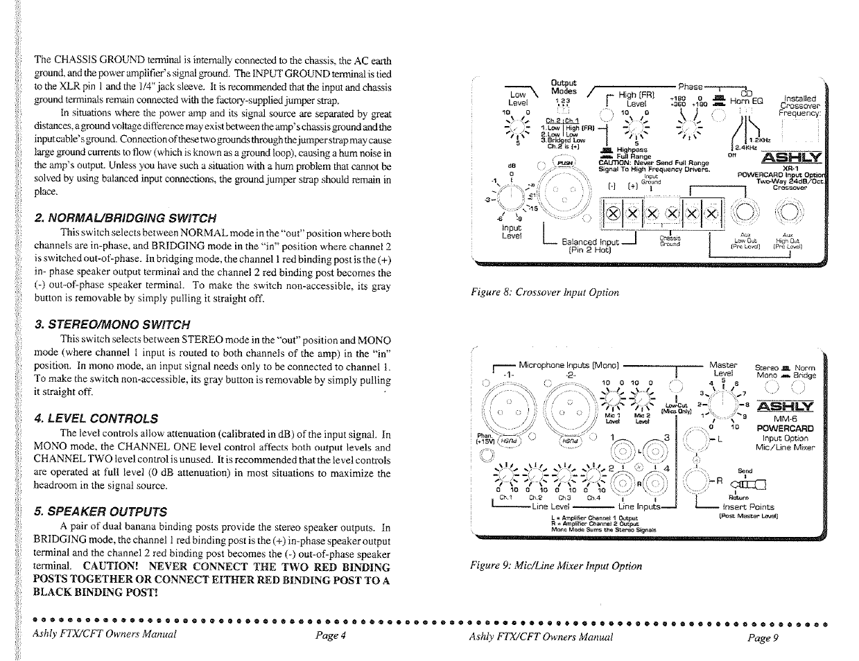 Normaubrioging switch, Stereo/mono switch, Level controls | Speaker outputs, Ashly ftx/cft owners manual page 4, Ashly ftx/cft owners manual, Page 9 | Ashly MOS-FET POWER AMPLIFIERS CFT-SERIES User Manual | Page 4 / 7