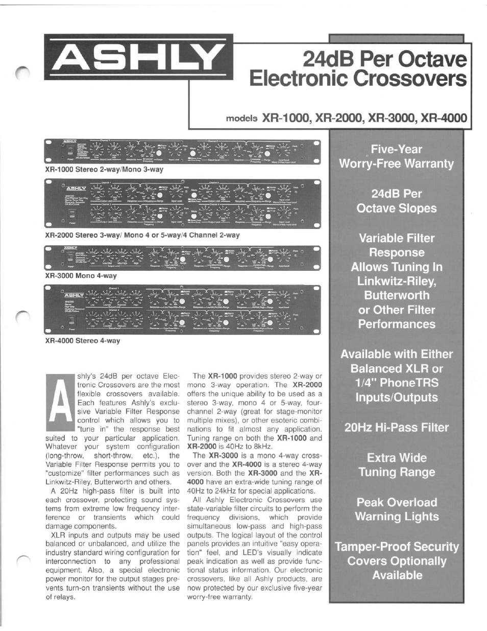 Ashly 24db Per Octave Electronic Crossover XR-4000 User Manual | 2 pages