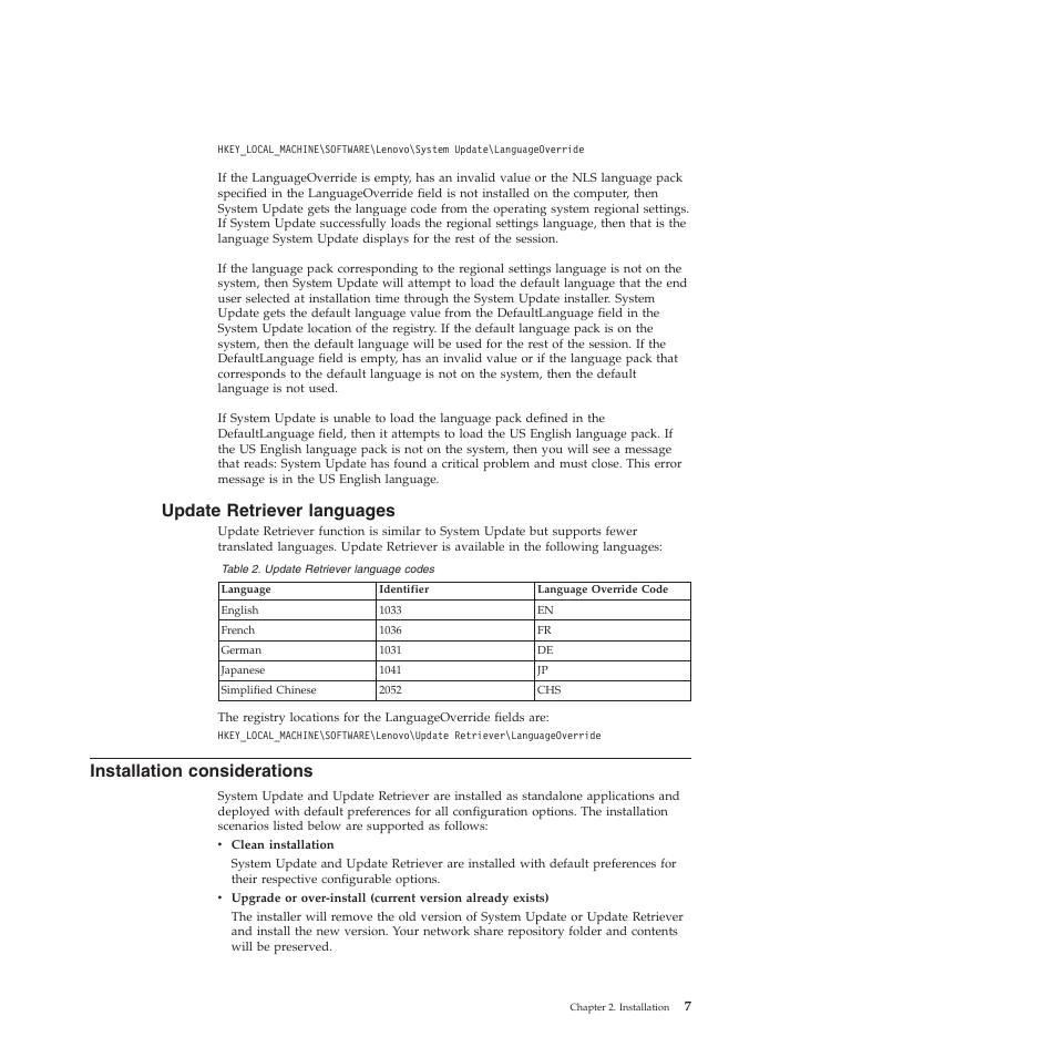 Update retriever languages, Installation considerations | Lenovo System Update Solution (Deployment Guide) User Manual | Page 13 / 92