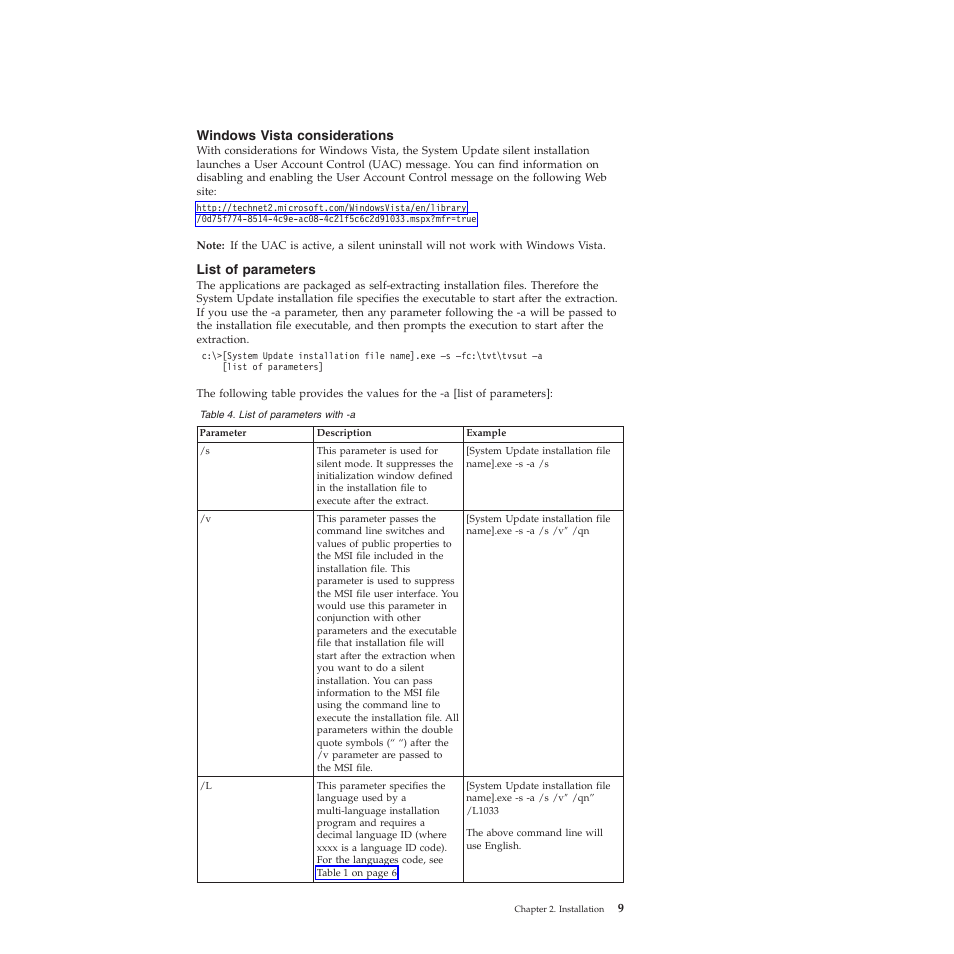 Windows vista considerations, List of parameters | Lenovo System Update Solution (Deployment Guide) User Manual | Page 15 / 92