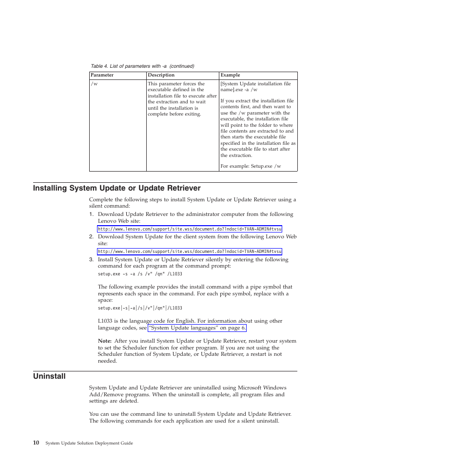 Installing system update or update retriever, Uninstall | Lenovo System Update Solution (Deployment Guide) User Manual | Page 16 / 92