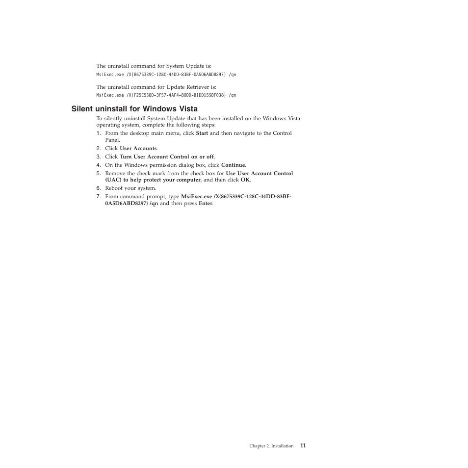 Silent uninstall for windows vista | Lenovo System Update Solution (Deployment Guide) User Manual | Page 17 / 92