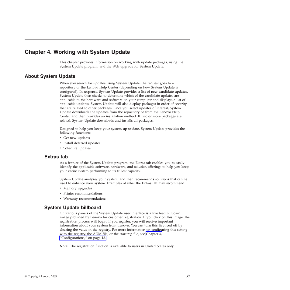 Chapter 4. working with system update, About system update, Extras tab | System update billboard | Lenovo System Update Solution (Deployment Guide) User Manual | Page 45 / 92