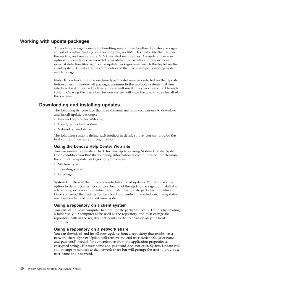 Working with update packages, Downloading and installing updates, Using the lenovo help center web site | Using a repository on a client system, Using a repository on a network share | Lenovo System Update Solution (Deployment Guide) User Manual | Page 46 / 92