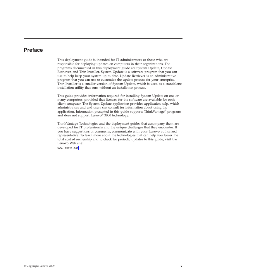 Preface, Preface . . . . . . . . . . . . . . . v | Lenovo System Update Solution (Deployment Guide) User Manual | Page 5 / 92