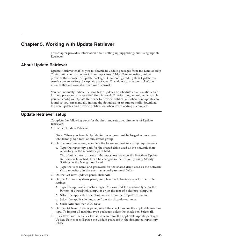 Chapter 5. working with update retriever, About update retriever, Update retriever setup | Lenovo System Update Solution (Deployment Guide) User Manual | Page 51 / 92