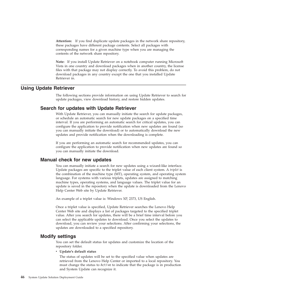 Using update retriever, Search for updates with update retriever, Manual check for new updates | Modify settings | Lenovo System Update Solution (Deployment Guide) User Manual | Page 52 / 92
