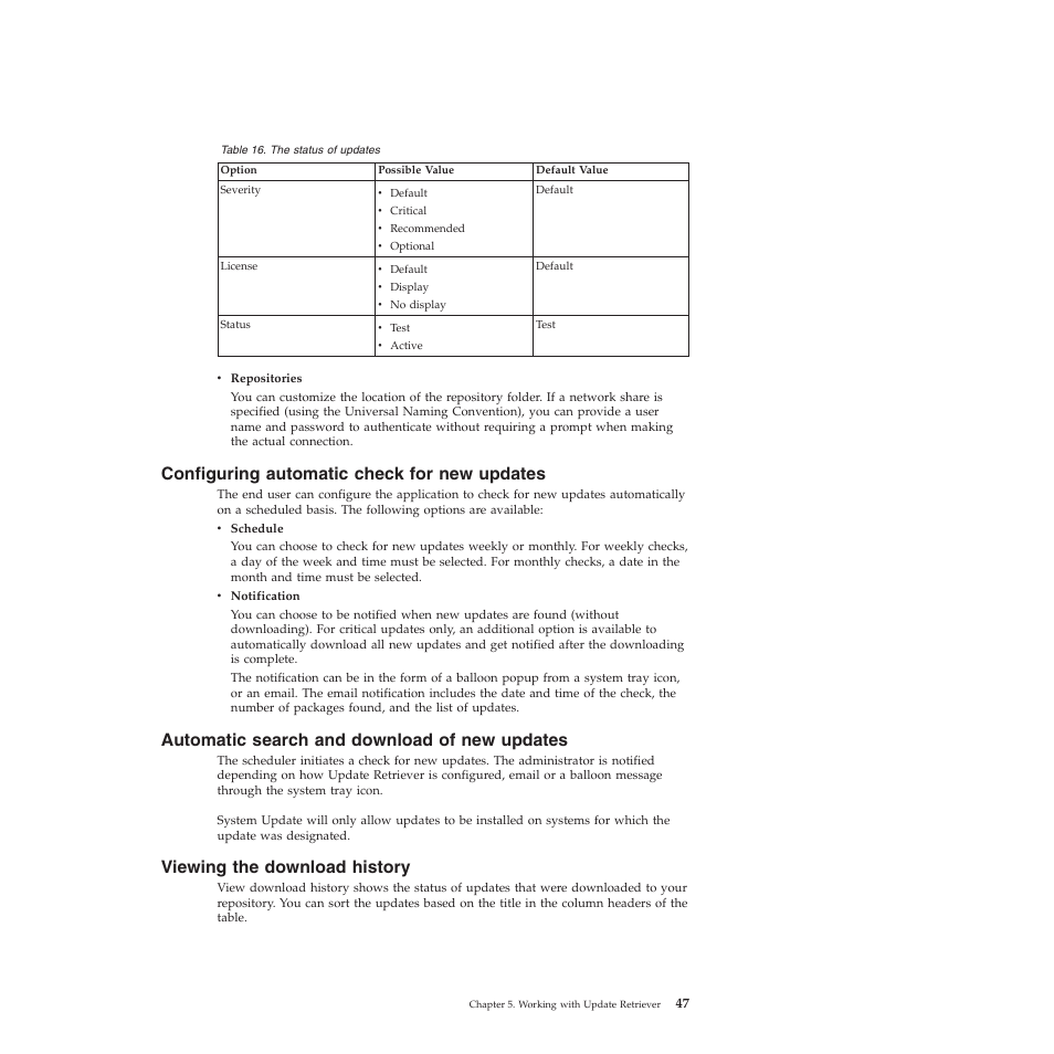 Configuring automatic check for new updates, Automatic search and download of new updates, Viewing the download history | Lenovo System Update Solution (Deployment Guide) User Manual | Page 53 / 92